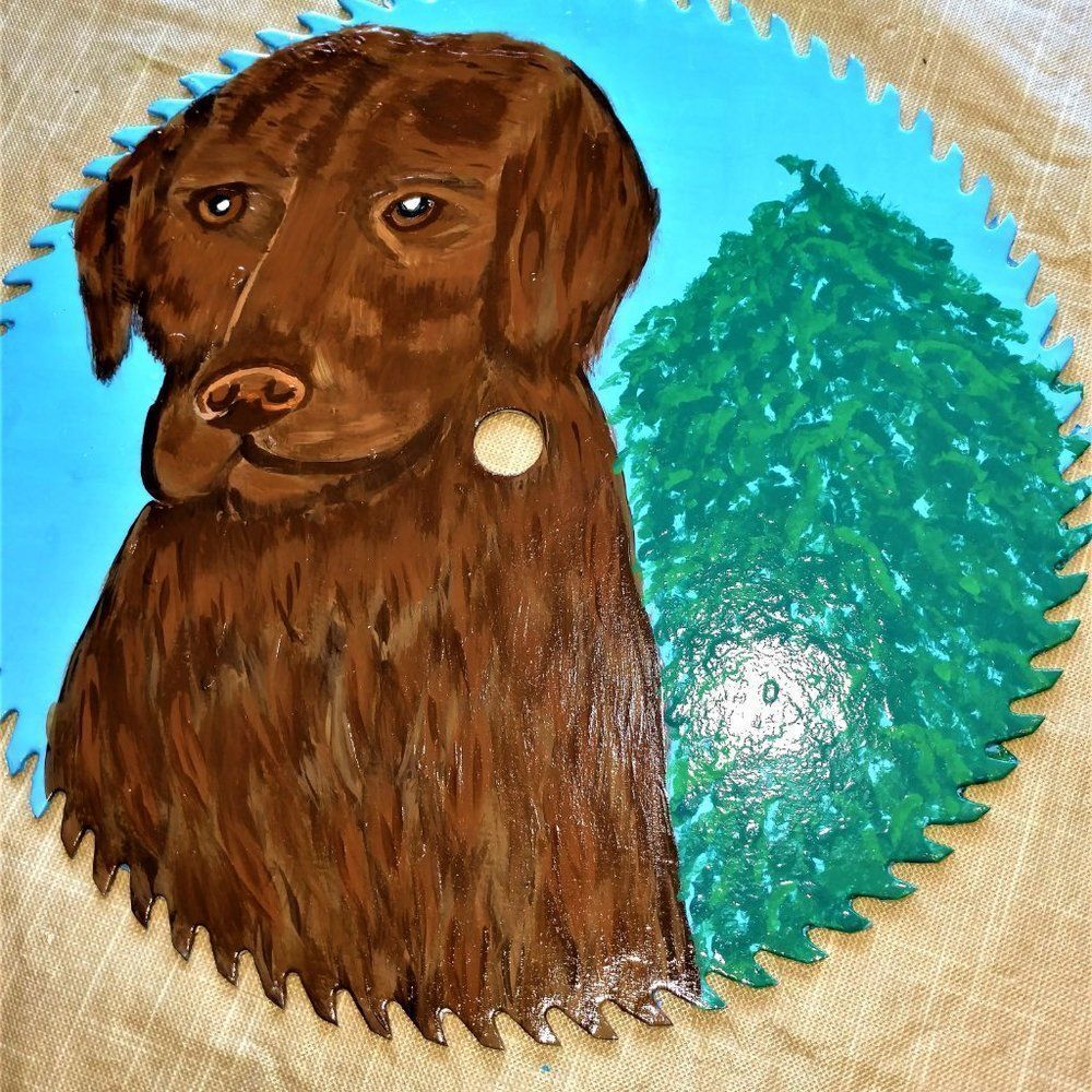 Hand Crafted Chocolate Lab Dog Painting On 10" Saw Blade